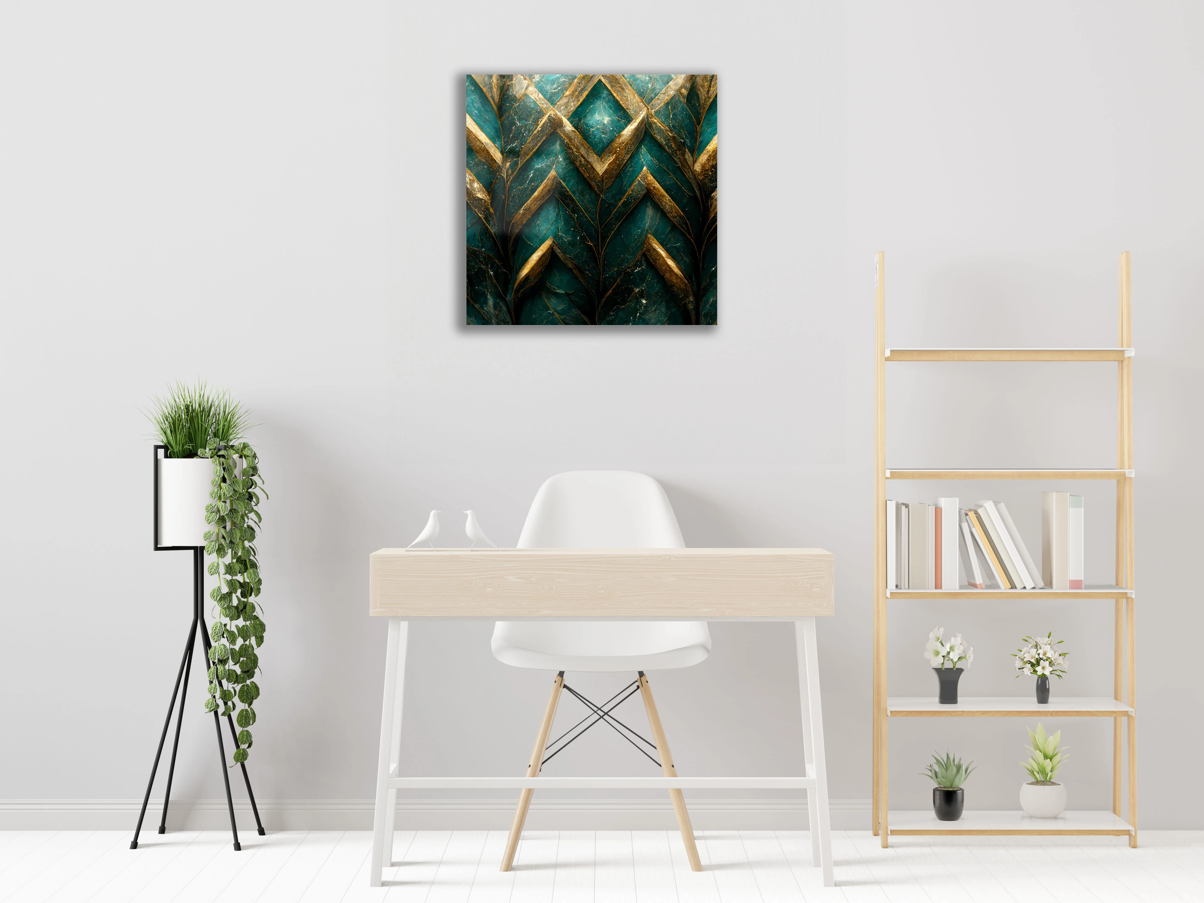 Altın ve Turkuaz Çiçek Desenli Mermer Makro Cam Tablo